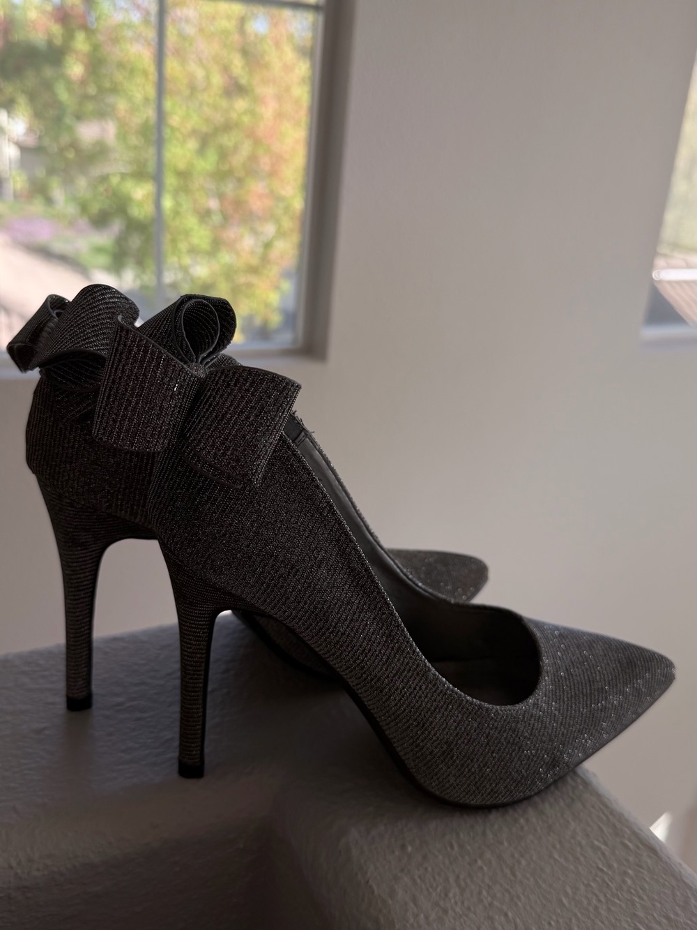 J.Renee Black Sparkle Pointed-Toe Stilettos with Bow